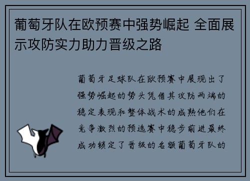 葡萄牙队在欧预赛中强势崛起 全面展示攻防实力助力晋级之路