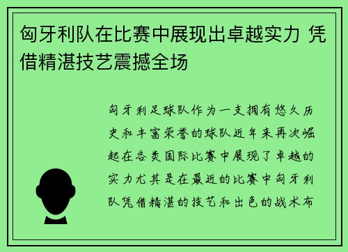 匈牙利队在比赛中展现出卓越实力 凭借精湛技艺震撼全场