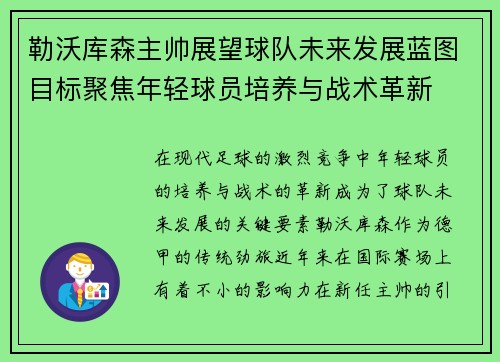 勒沃库森主帅展望球队未来发展蓝图目标聚焦年轻球员培养与战术革新