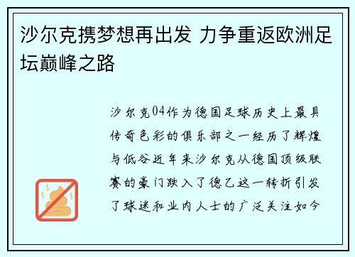 沙尔克携梦想再出发 力争重返欧洲足坛巅峰之路