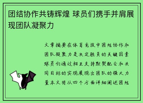 团结协作共铸辉煌 球员们携手并肩展现团队凝聚力